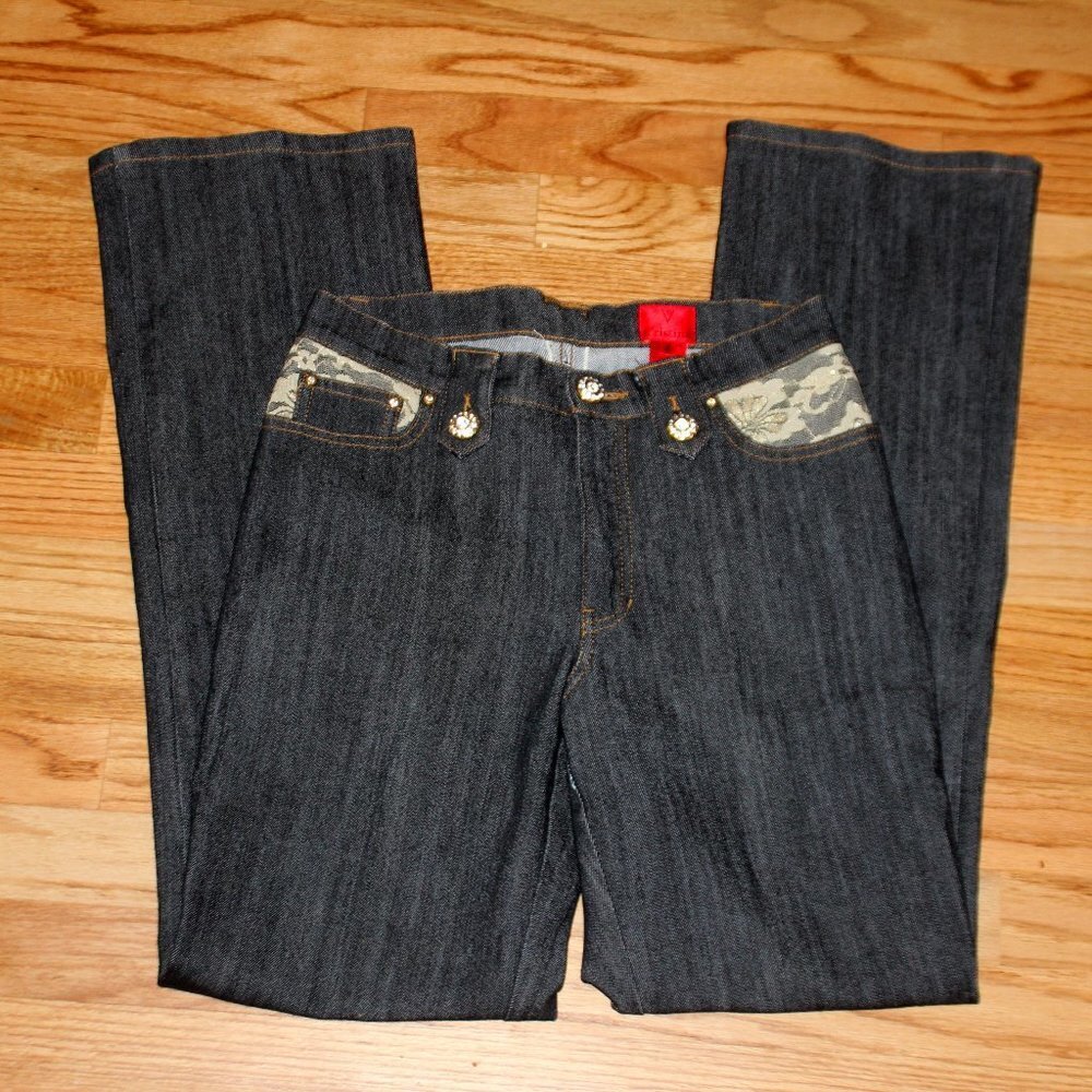 V Cristina Black Jeans with Lace and Rhinestone Button Accents - Picture 3 of 12